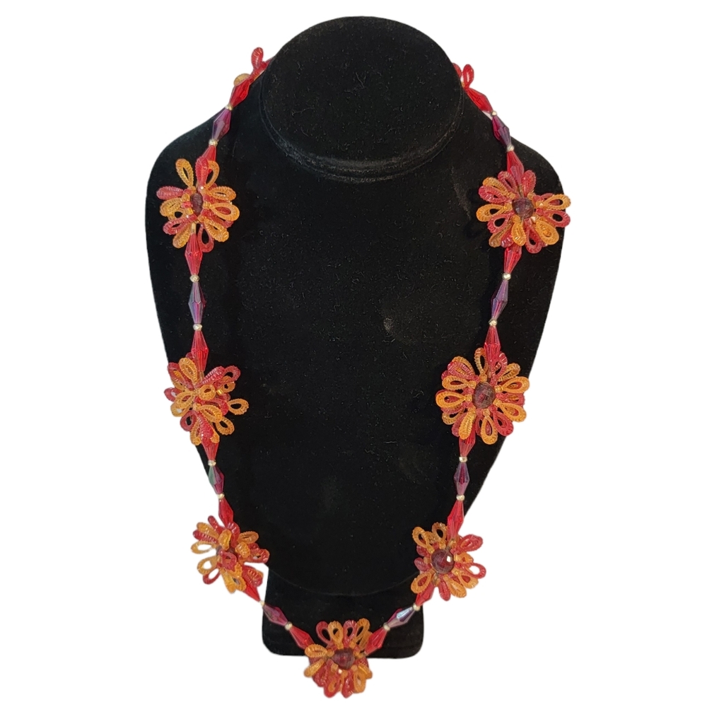 West Germany Early Vintage Plastic Loopy Red Orange Flower Necklace